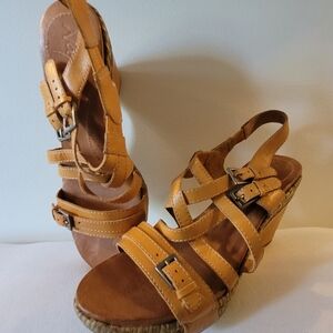 Naya Sandals Womens Maize Strappy Buckle Slingback Wedge Heels Tan Leather 9M